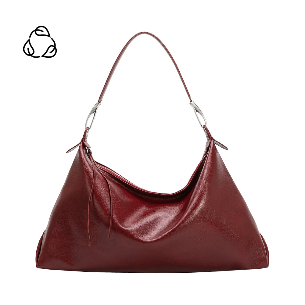 Melie Bianco Cranberry Recycled Vegan leather tote bag with shoulder strap.