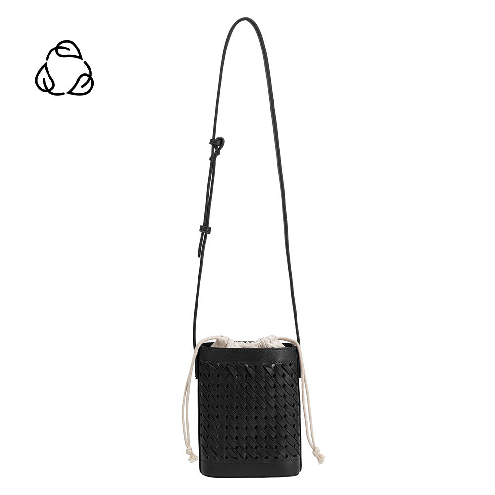 A small black woven vegan leather crossbody pouch with a drawstring closure.