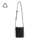 A small black woven vegan leather crossbody pouch with a drawstring closure.