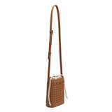 A small saddle woven vegan leather crossbody pouch with a drawstring closure.