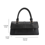 A measurement reference image of a small vegan leather rectangle shaped top handle bag