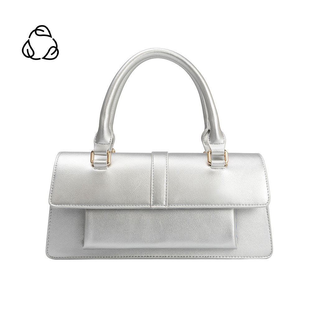 A small silver metallic vegan leather rectangle shaped top handle bag.