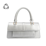 A small silver metallic vegan leather rectangle shaped top handle bag.