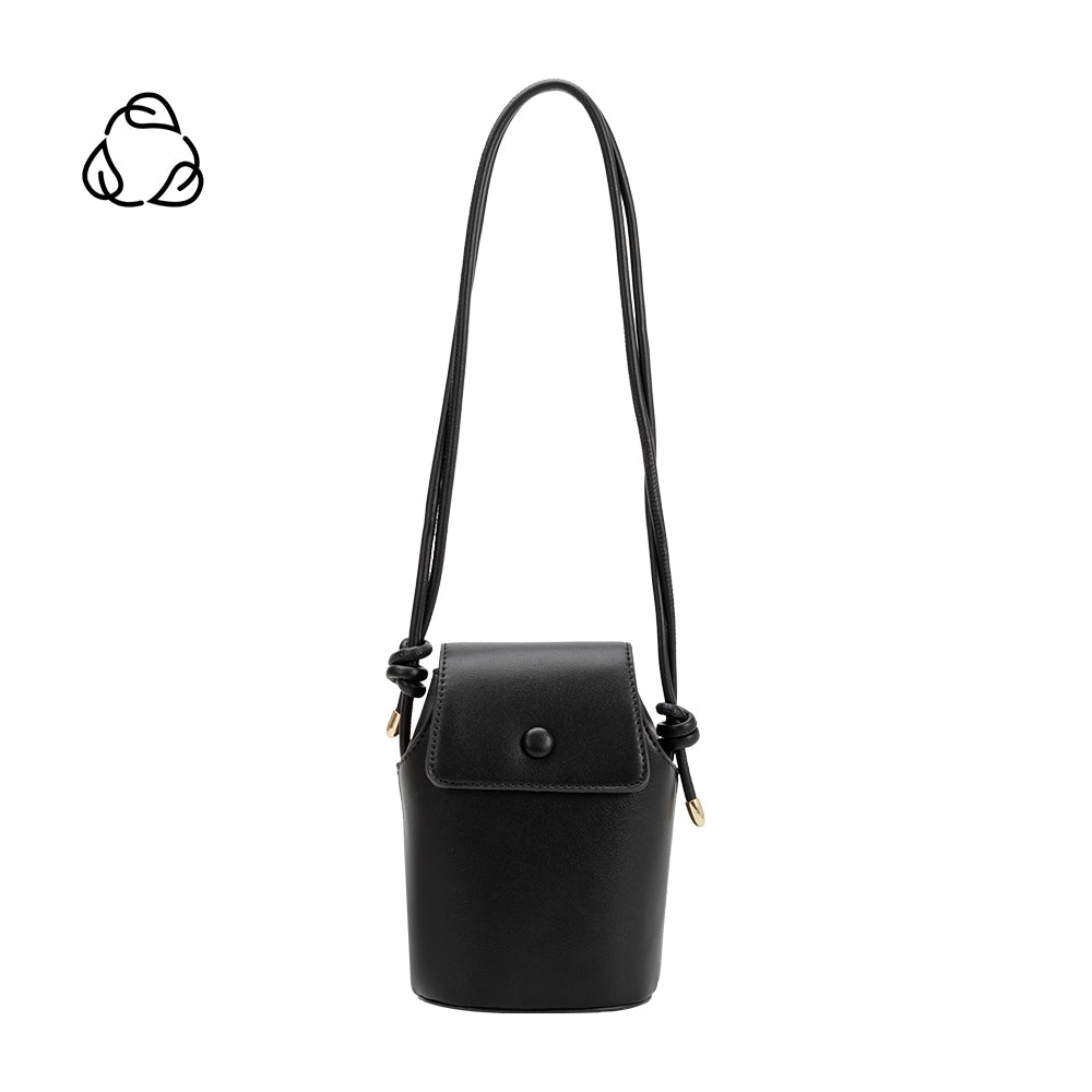 Melie Bianco black recycled vegan leather crossbody bag on white background.